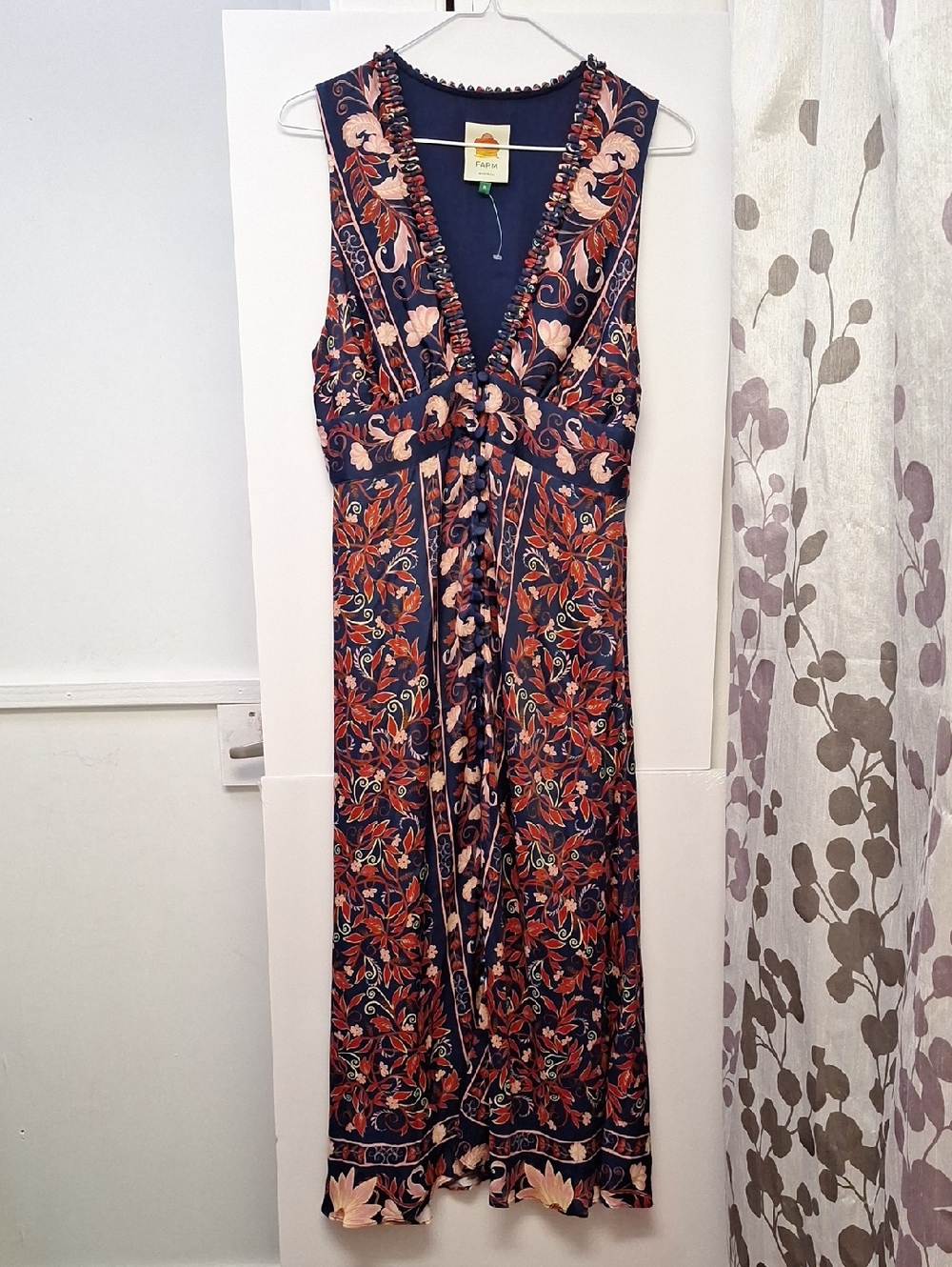 FARM Rio Navy Floral Midi Dress with Rust and Cream Accents, Sz M